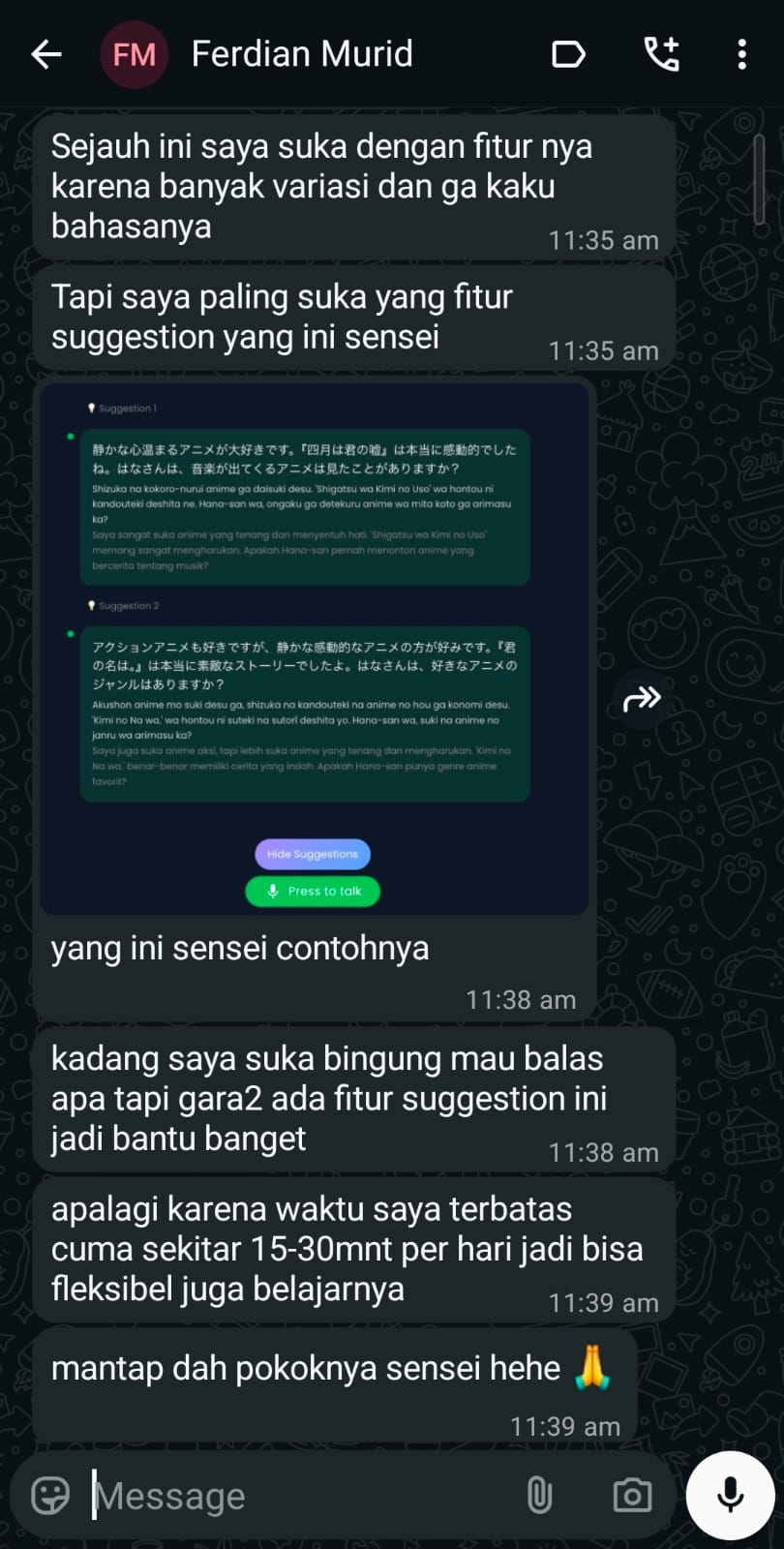 Testimoni murid: jadi lancar pesan makanan dengan feedback