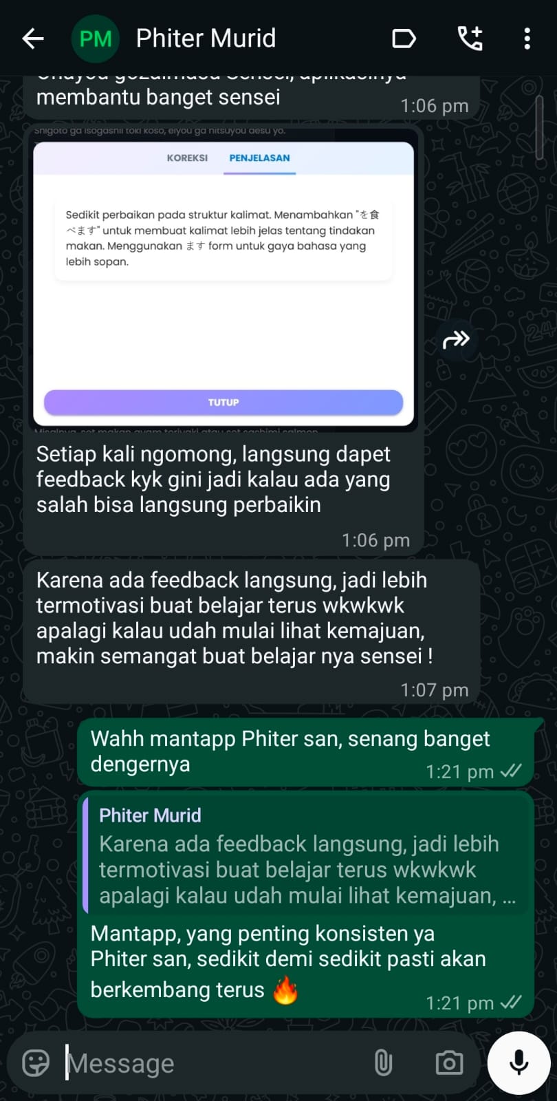 Testimoni murid: langsung dapet feedback jadi lebih semangat